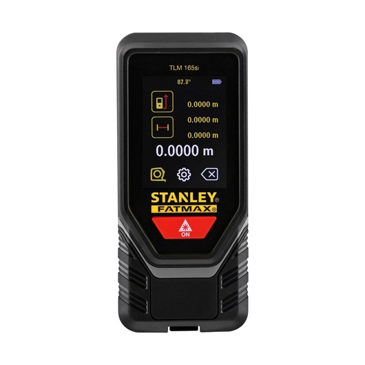 Photo of STANLEY STHT1-77142 laser distance measurer front view, black and yellow design, digital display.