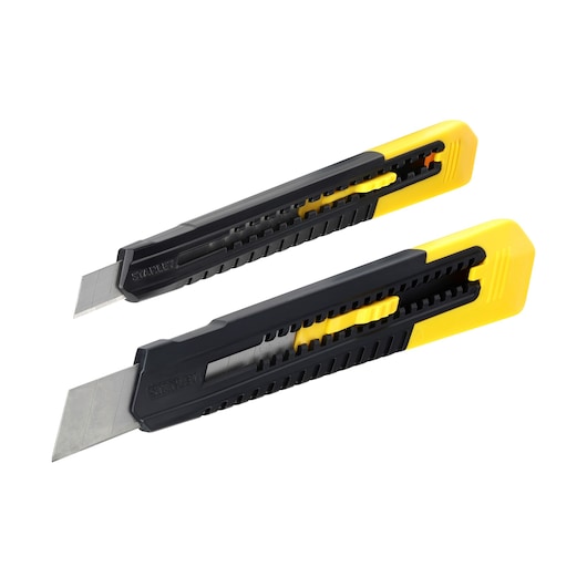 Two Stanley retractable utility knives with black and yellow handles and segmented blades are shown side by side.