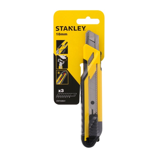 STANLEY STHT10266-0 utility knife, 18mm blade, yellow and black, front angle on white background.