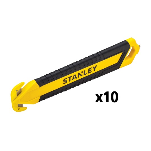 STANLEY STHT10360-1 yellow and black safety knife pack of 10, right side view on white background.