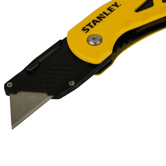 STANLEY STHT10424-0 folding utility knife with yellow handle, angled blade, product close-up on white background.