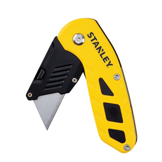 Stanley folding utility knife, yellow and black handle, angled left, white background