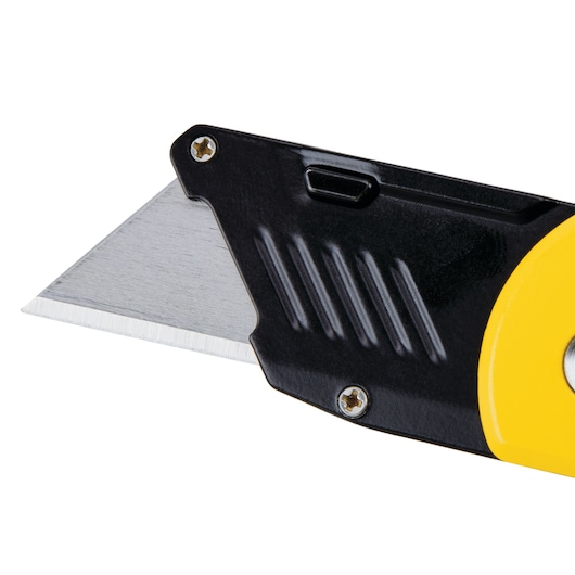 Photo of STANLEY STHT10424 utility knife blade, black and yellow handle, side angle on white background.