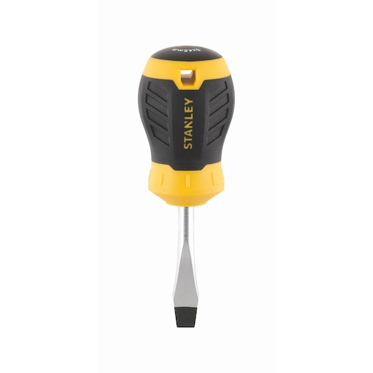 STANLEY STHT16147-0 stubby flathead screwdriver with black and yellow handle, front view on white background.