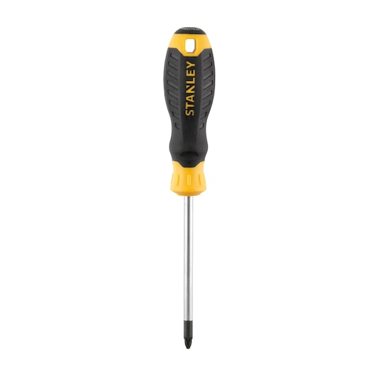 STANLEY STHT16163-0 Phillips screwdriver with black and yellow handle, front angle, on white background.