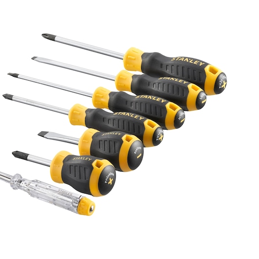 STANLEY STHT16166-0 screwdriver set, six black and yellow screwdrivers, side angle, white background