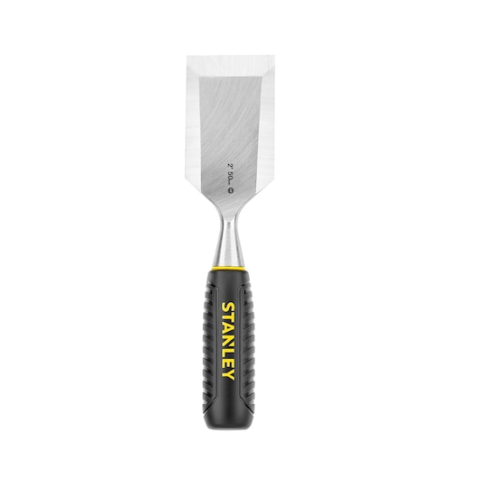 STANLEY STHT16737-0 chisel with black and yellow ergonomic handle, front angle, white background.