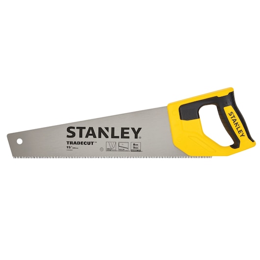 STANLEY STHT20348 hand saw with yellow and black handle, side angle on white background.