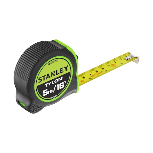 STANLEY STHT30602-1 tape measure with black and green case, extended yellow blade, side view.