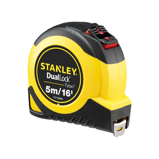 STANLEY STHT36806-0 tape measure, DualLock, yellow and black, angled product photo on white background.