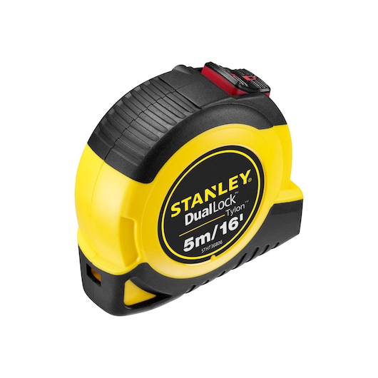 STANLEY STHT36806-0 tape measure, yellow and black, DualLock Tylon, 5m/16ft, side angle, photo on white background.