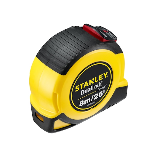 Photo of STANLEY STHT36807-0 DualLock tape measure, yellow and black casing, front angled view.