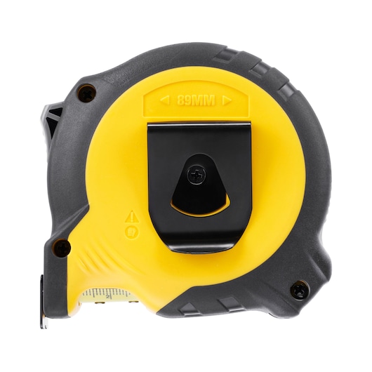 STANLEY STHT37233-0 tape measure, yellow and black casing, rear view with belt clip, product on white background.