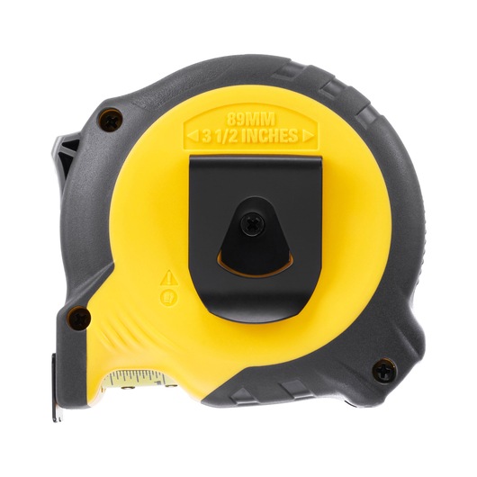 STANLEY STHT37237-5 tape measure, yellow and black, rear view, showing metal belt clip.