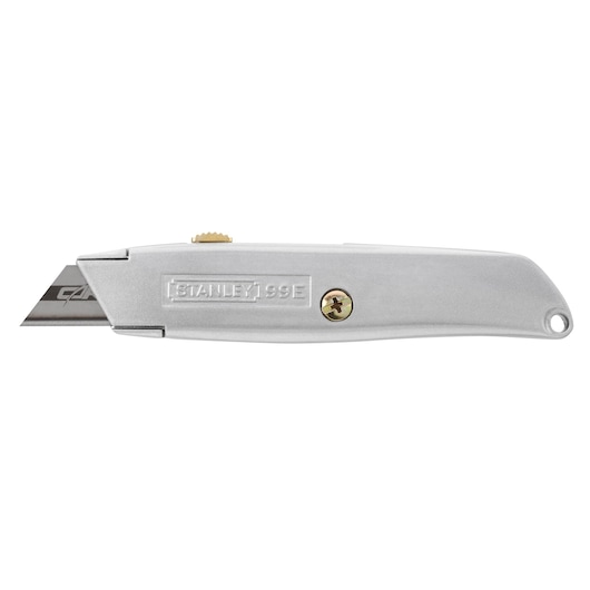 STANLEY STHT5-10099 utility knife, silver metal body, side view, photography on white background.