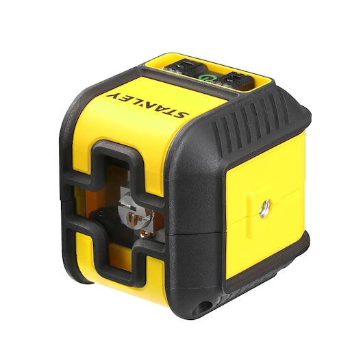 STANLEY STHT77499-1 yellow and black laser level, angled view, compact cube design.
