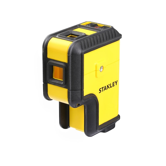 Photo of STANLEY STHT77503-1 yellow and black cross line laser level, angled on white background.