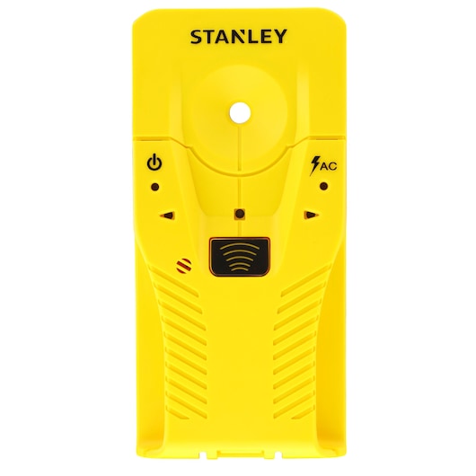 STANLEY STHT77587-0 yellow stud finder, front view with buttons and symbols visible.