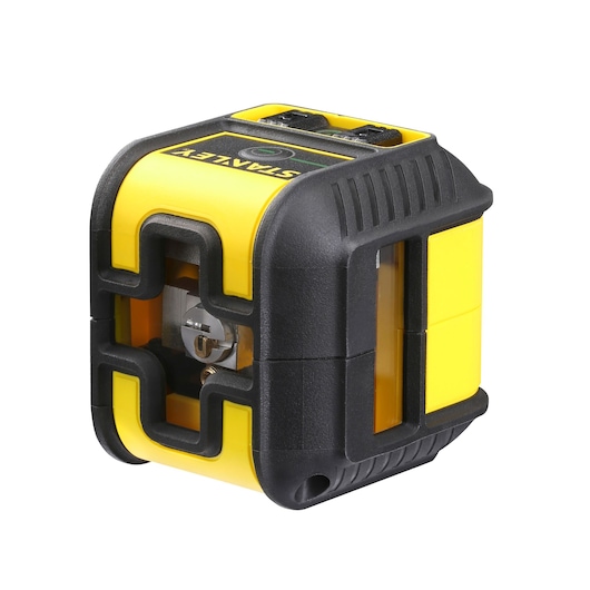 STANLEY STHT77592-1 cross line laser level, yellow and black, angled view on white background.