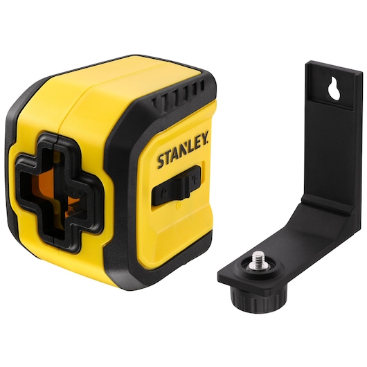 STANLEY STHT77611-0 yellow and black cross line laser level with wall mount bracket, front angle on white background.