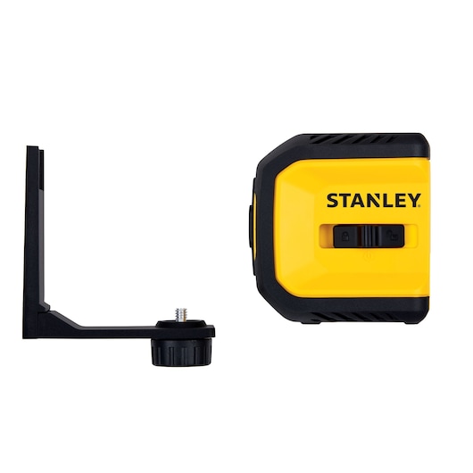 Stanley yellow and black laser level with mounting bracket, side angle on white background