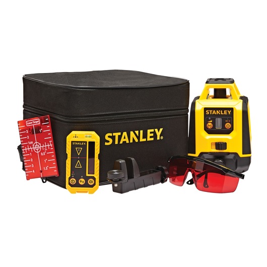 STANLEY STHT77616 rotary laser level kit with black case, yellow laser, detector, red glasses, and accessories, front angle.