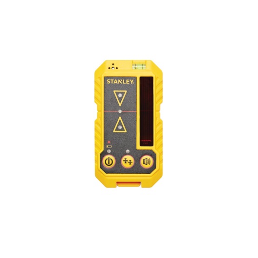 STANLEY STHT77616 yellow and black laser detector, front angle, with control buttons and bubble level.