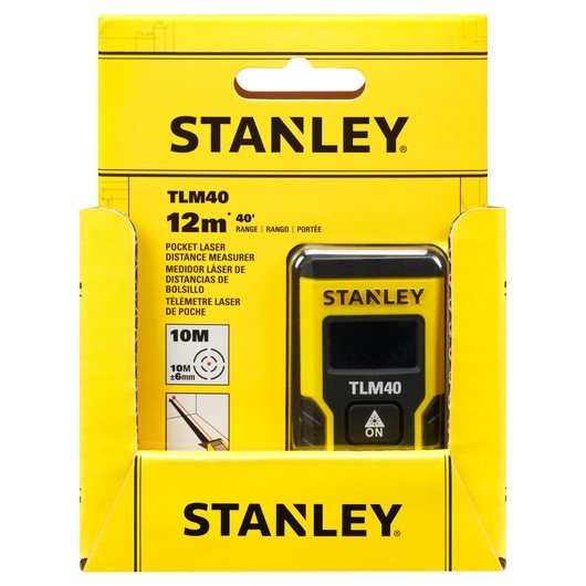 Stanley STHT77666-0 pocket laser distance measurer packaging, front angle, yellow box with device visible.