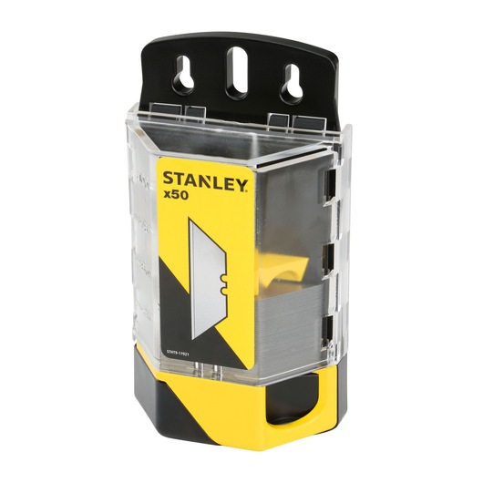 STANLEY STHT9-11921 utility blades pack with yellow and black case, front angle, photography product.