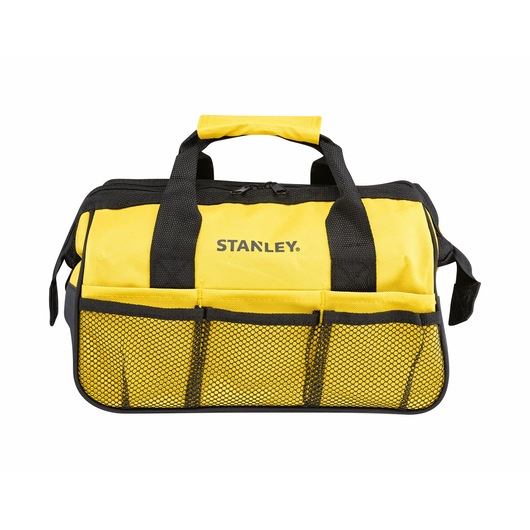 STANLEY STMT0-74101 tool bag, yellow and black fabric, front view with mesh pockets and handles.