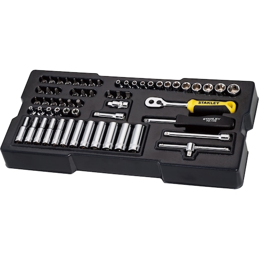 STANLEY STMT1-74175 socket and ratchet tool set in black tray, multiple chrome tools, top angle photo.