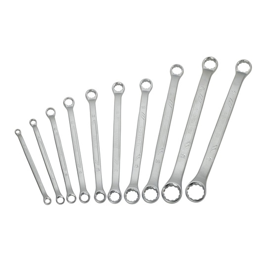 STANLEY STMT1-74177 combination wrench set, 10-piece, silver metal tools arranged in size order, top view.