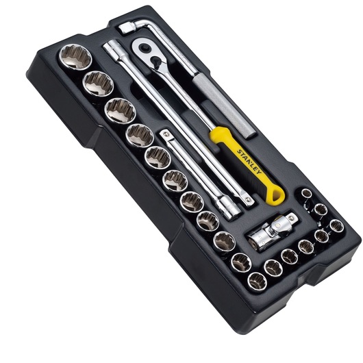 STANLEY STMT1-74726 socket wrench set in black tray, top angle, includes ratchet and various sockets.