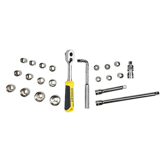 STANLEY STMT1-74726 socket set with ratchet, extensions, and sockets on white background, top view.