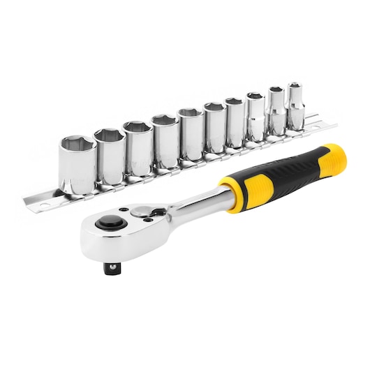 Photo of STANLEY STMT82666-0 ratchet and socket set, black and yellow handle, front angle.