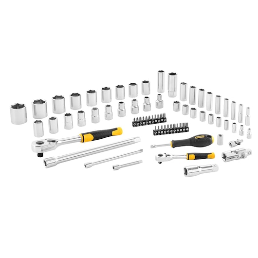 STANLEY STMT82831-1 socket and ratchet set with screwdriver, chrome finish, photography, white background angle.