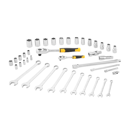 Stanley STMT82832-1 mechanic tool set with ratchets, sockets, and wrenches, front angle on white background.