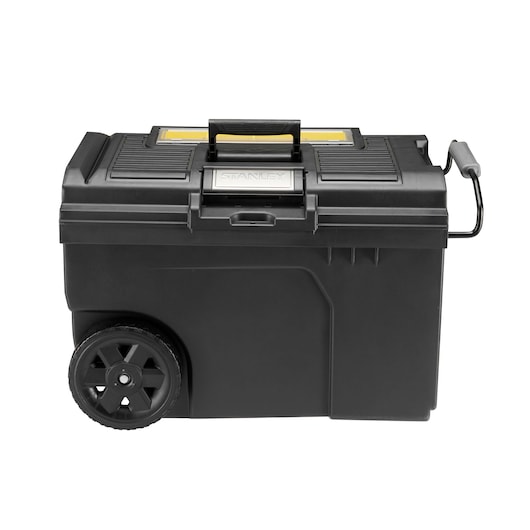 STANLEY STST1-70715 large black wheeled toolbox, front angle, with top handle and side pull handle.
