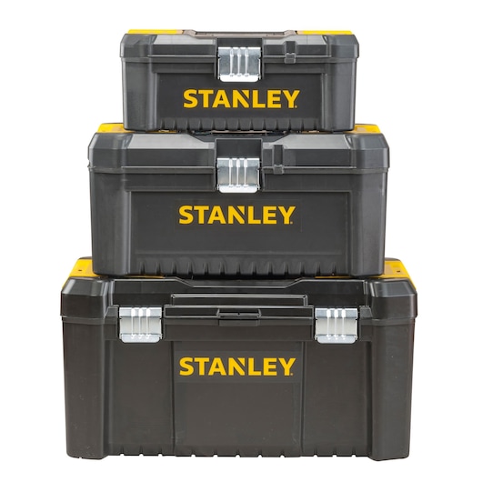 STANLEY STST1-75518-KR set of three black plastic toolboxes with yellow accents, stacked, front view.
