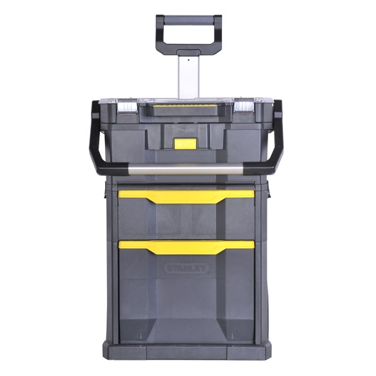 Stanley rolling tool chest with two drawers and telescopic handle, grey body with yellow accents.