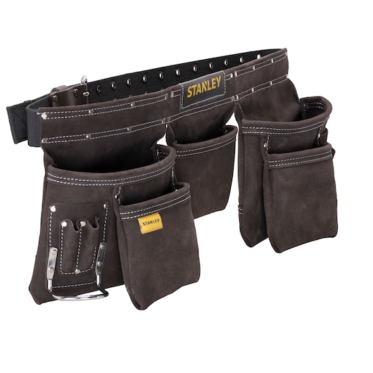 STANLEY STST1-80113 suede tool belt with multiple pockets, front angle on white background.