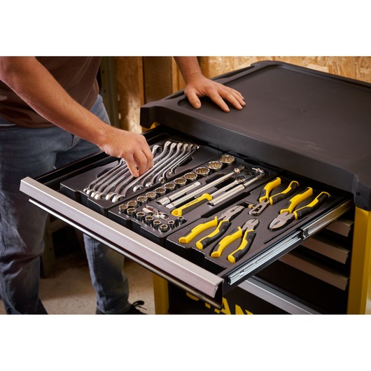STANLEY STST74305-1 tool set in organized drawer with wrenches and pliers, photo from front angle.