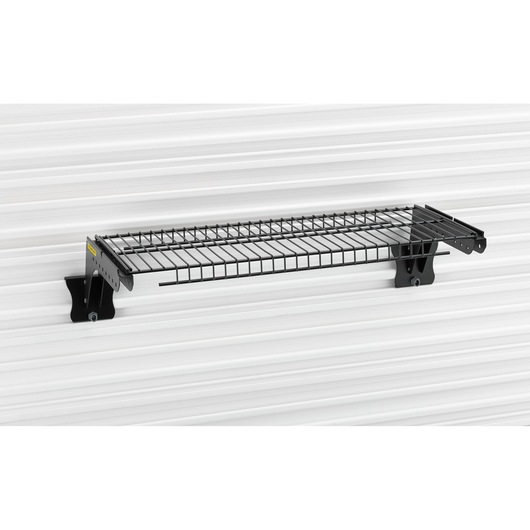 STANLEY STST82612-1 black metal wall-mounted wire shelf, side angle, on white background.