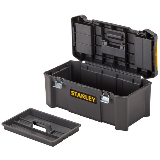 Photo of STANLEY STST82976-1 black plastic toolbox with open lid, removable tray, and two metal latches, angled view.
