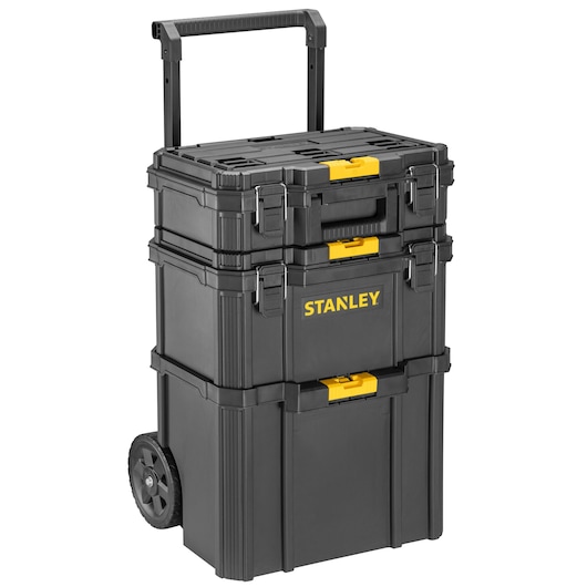 Stanley STST83319-1 rolling tool chest, black with yellow latches, front angle, photography product.