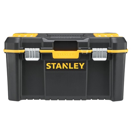 STANLEY STST83397-1 black and yellow toolbox with metal latches, front view on white background.