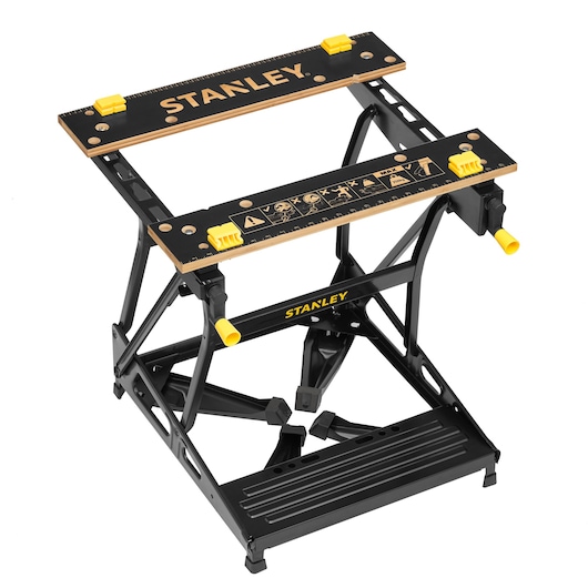 STANLEY STST83400-1 adjustable black and yellow workbench, top angle, photography.