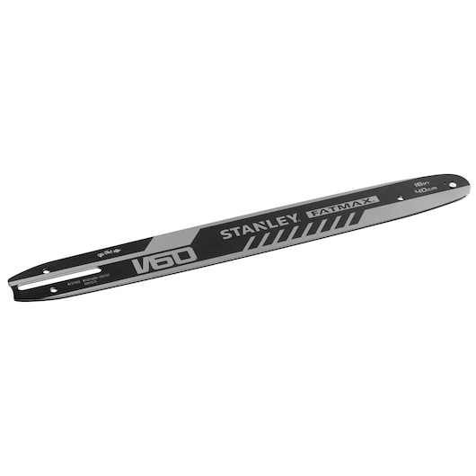 STANLEY STZCS1240 chainsaw bar, V60 Fatmax, 16in, black and gray, angled view on white background.