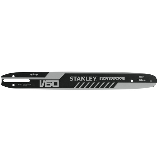 Photo of STANLEY STZCS1240 chainsaw bar, black and silver, 16in/40cm, FATMAX V60, side angle.