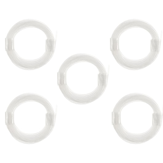 STANLEY STZST1326 clear trimmer line coils, five pack, shown on white background, photography of product.